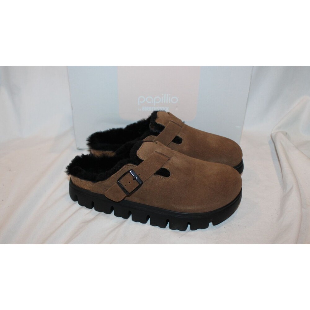 Birkenstock Boston Pap Chunky Shearling Suede Leather Dark Tea NIB EU 38 NARROW